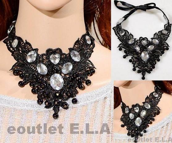 SEXY WHITE STONES BLACK LACE N RIBBON NECKLACE
